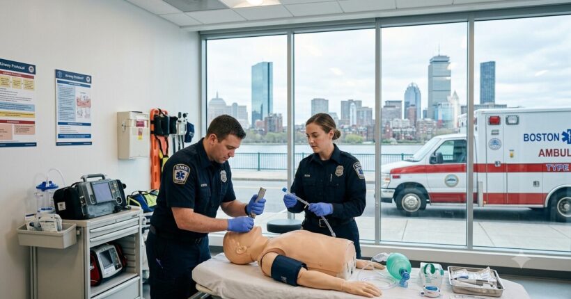 EMS providers practicing airway management on a simulation manikin in a Boston training room