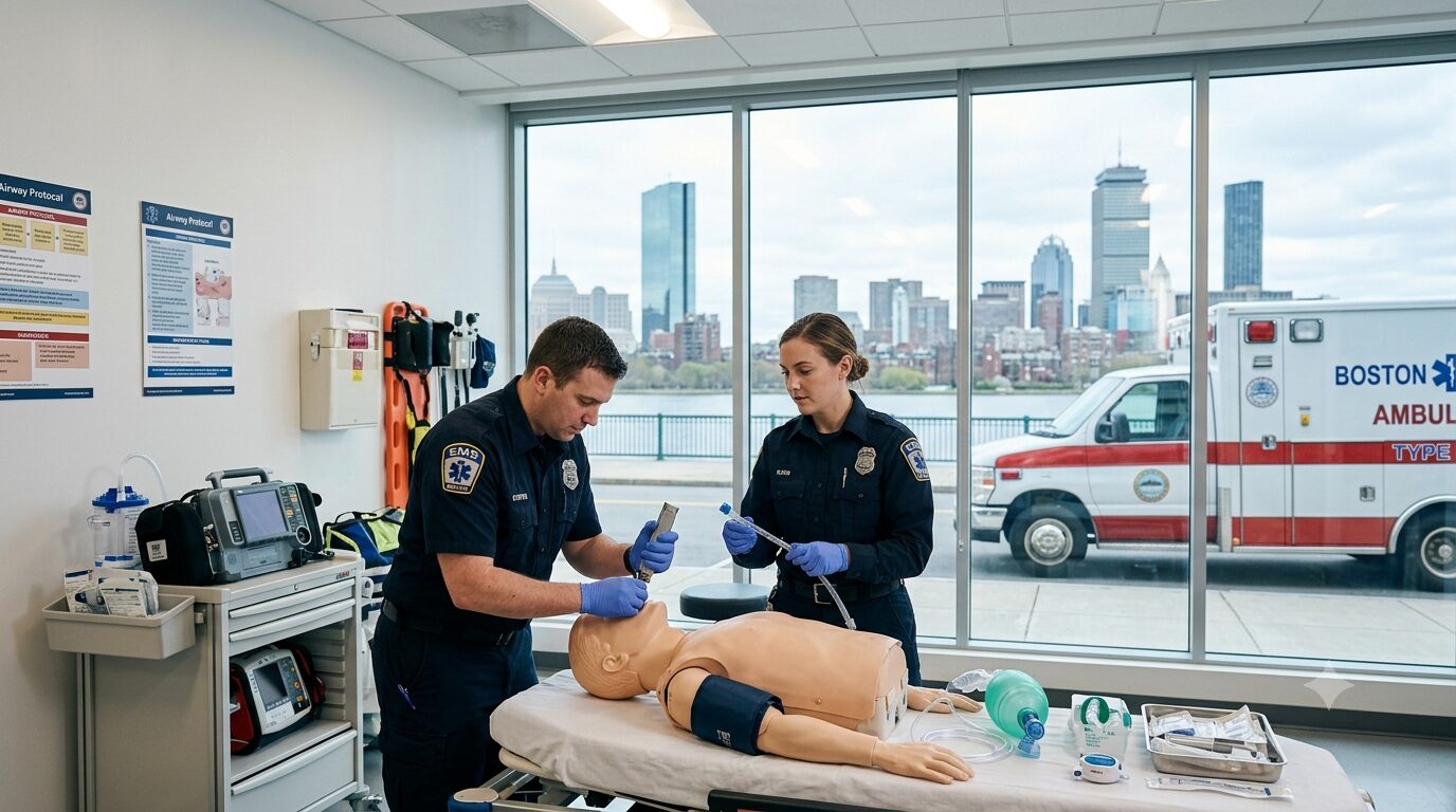 EMS providers practicing airway management on a simulation manikin in a Boston training room