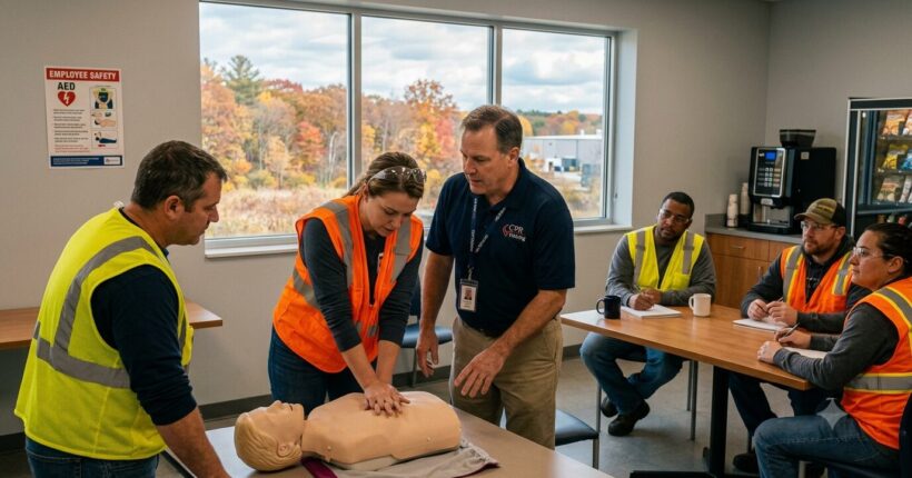 Instructor teaching CPR to manufacturing workers in high-visibility vests at a New Hampshire facility