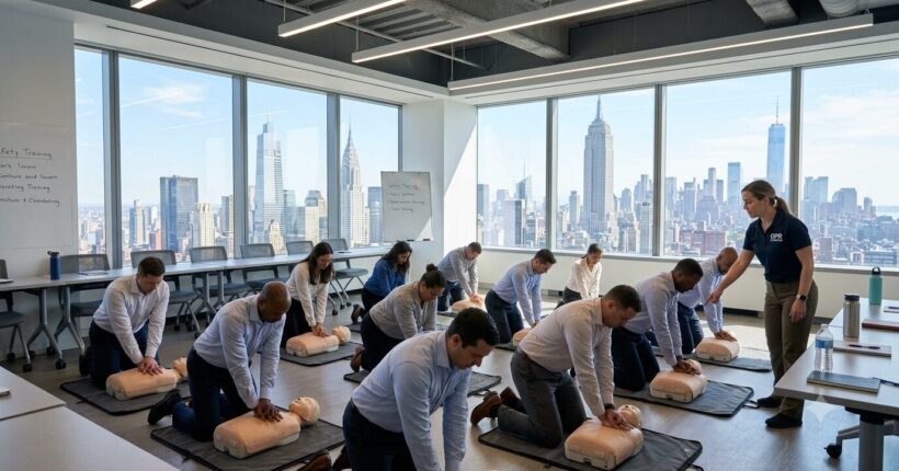 Office employees practicing chest compressions on CPR manikins in a Manhattan high-rise conference room