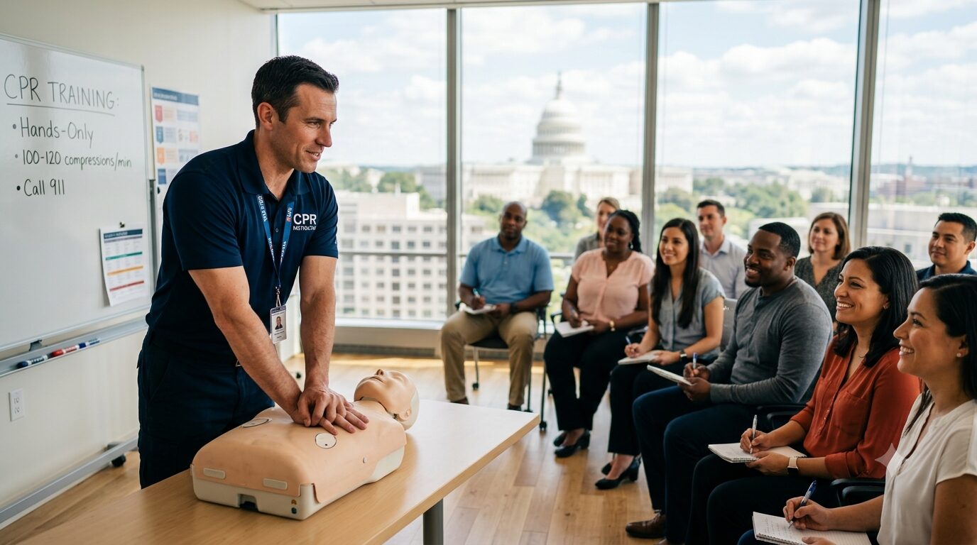 CPR training class in Washington DC led by a firefighter paramedic instructor