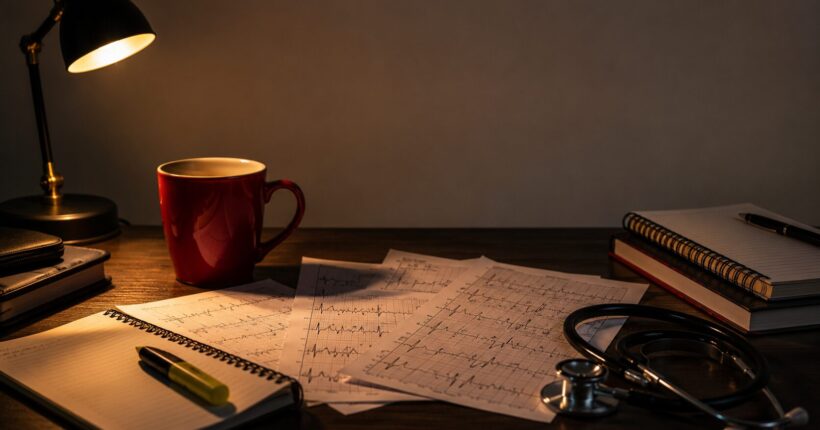 ACLS student study desk with course materials and emergency cardiac care training equipment