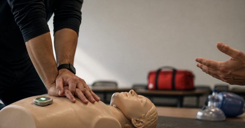 Healthcare provider practicing BLS chest compressions on a CPR manikin during preparation