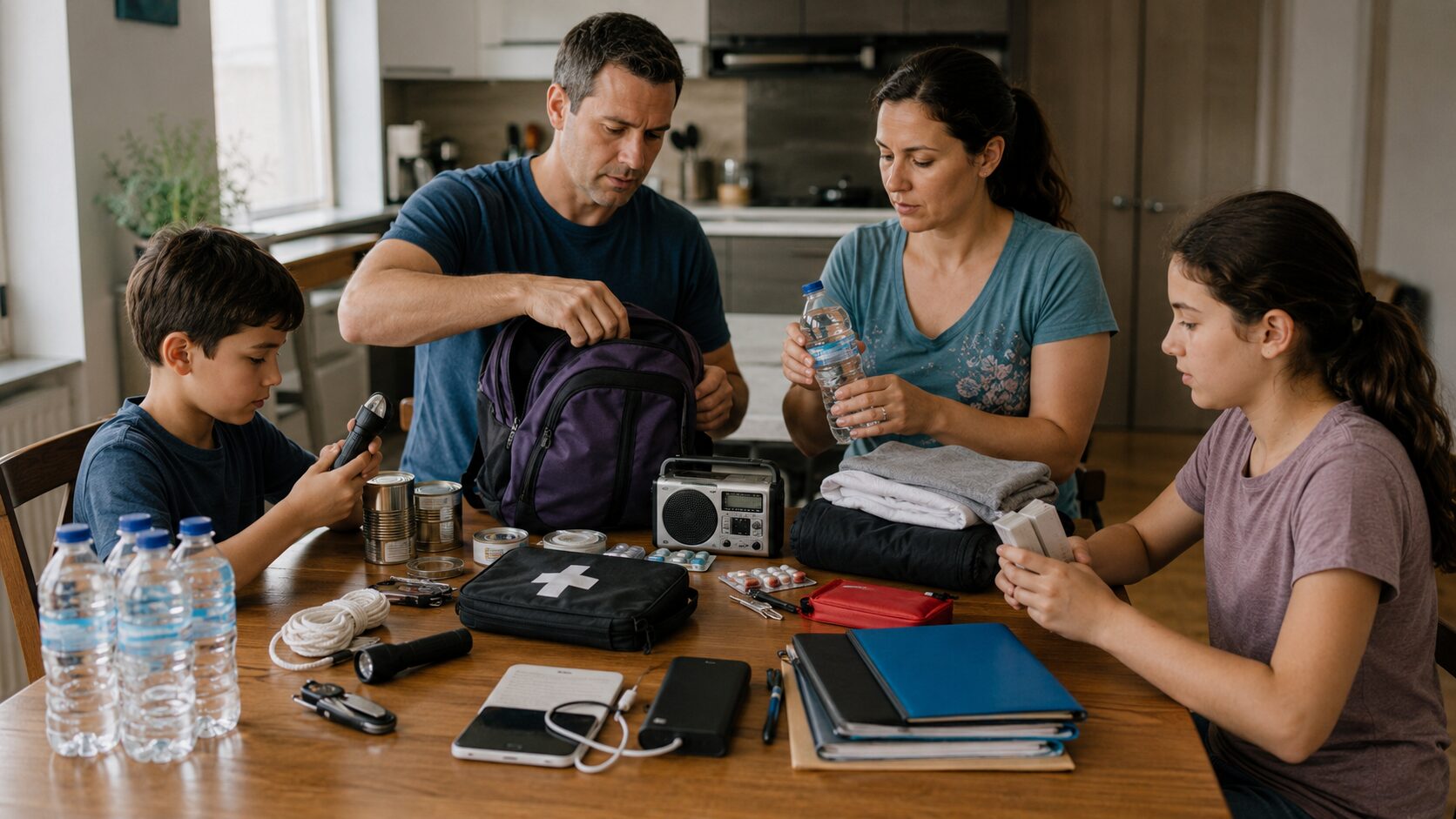 Family gathers emergency supplies and organizes a go-bag at the kitchen table.