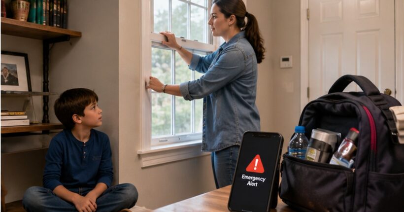 Parent closes a window while a child waits safely nearby during a shelter-in-place situation at home.