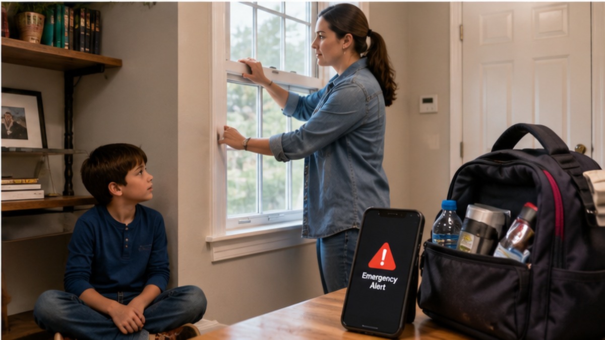 Parent closes a window while a child waits safely nearby during a shelter-in-place situation at home.