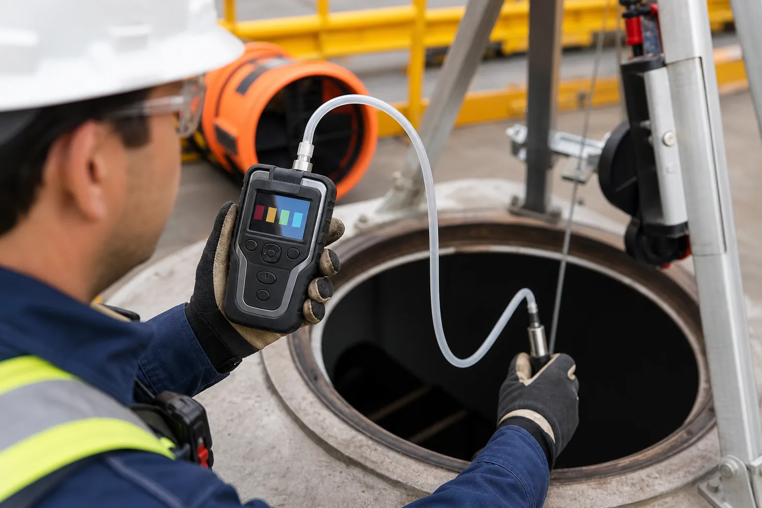 A worker tests the air inside a confined space with a four-gas atmospheric monitor before entry.