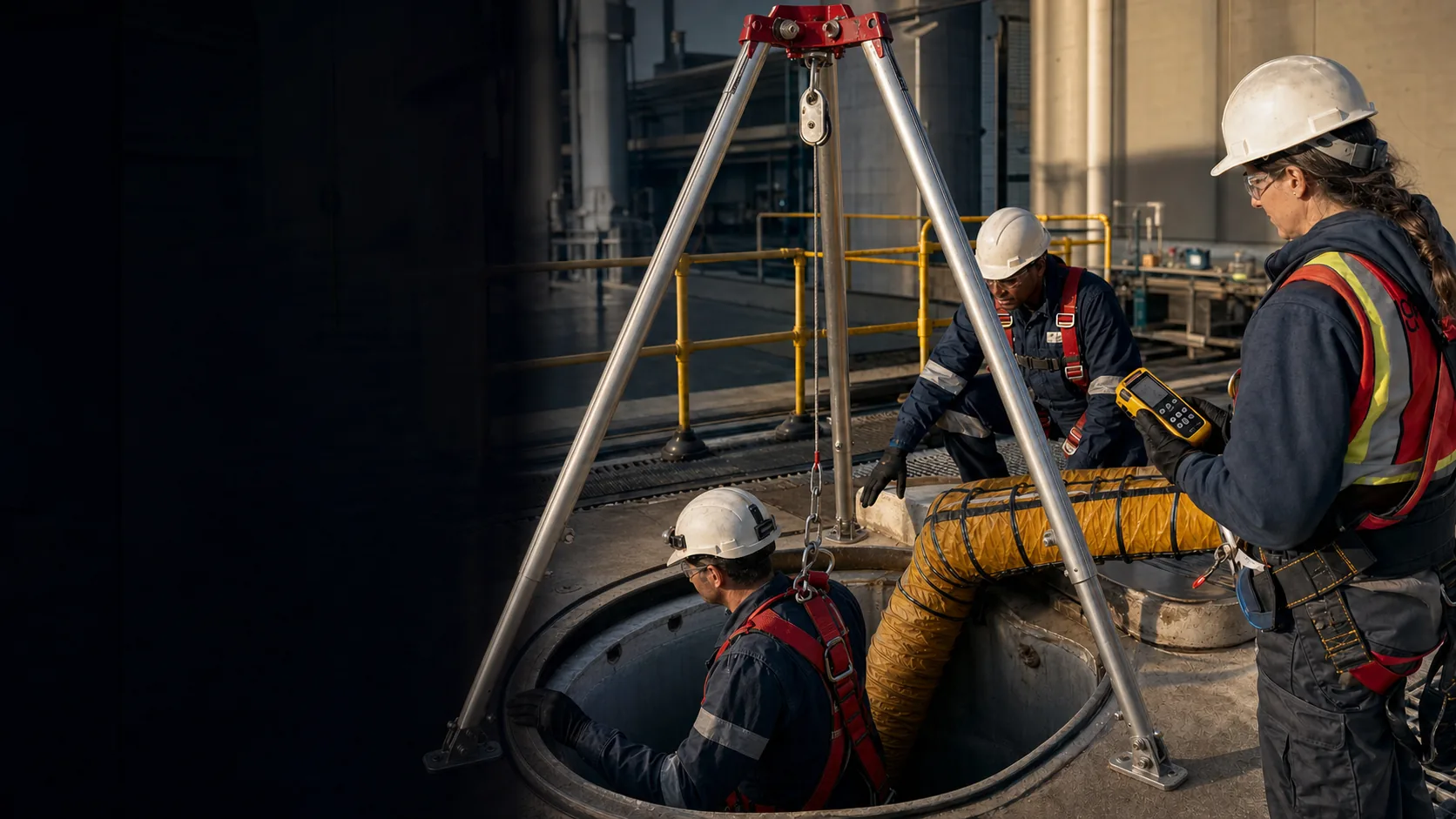 A confined space entry with a tripod retrieval system over the opening and an attendant monitoring from outside.
