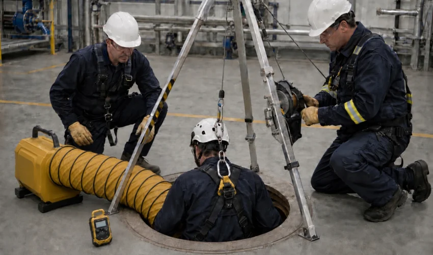 Workers practicing confined-space entry procedures with ventilation, monitoring, and retrieval equipment