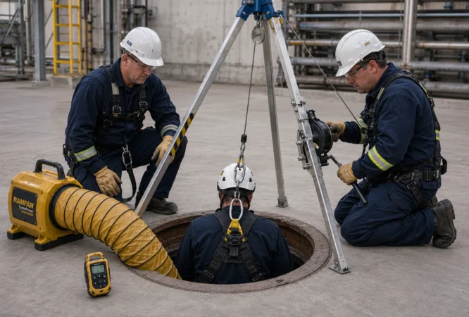 Confined-space rescue team practicing entry rescue procedures with retrieval equipment