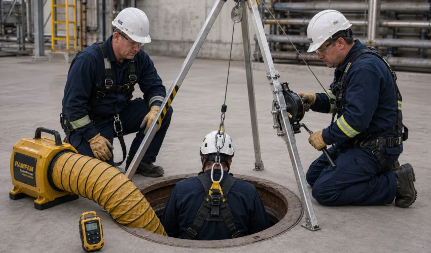Confined-space rescue team practicing entry rescue procedures with retrieval equipment