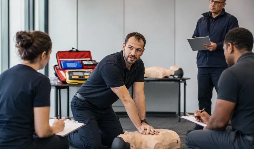 Instructor candidate teaching CPR and first aid skills during a professional instructor development course