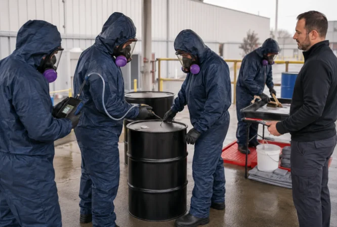 Workers participating in a 24-hour HAZWOPER initial training course with hazardous materials protective equipment