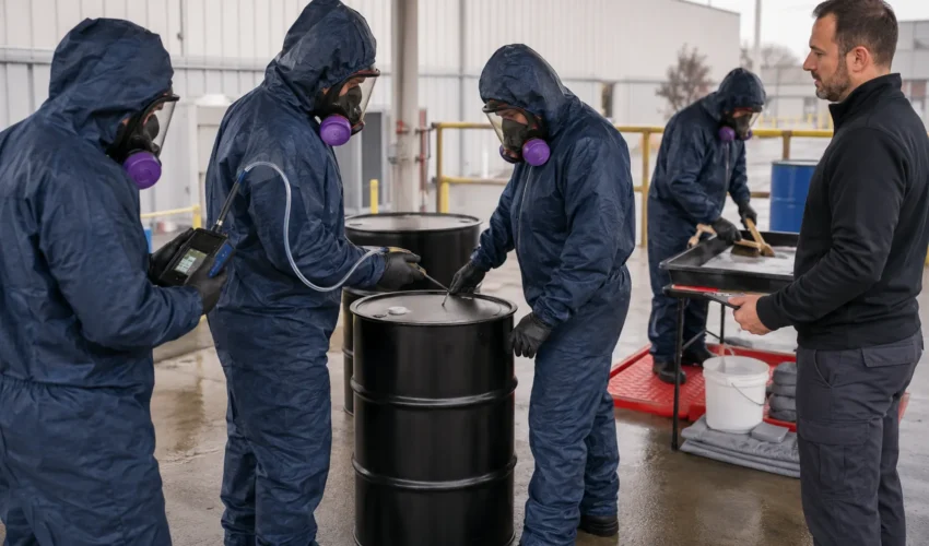 Workers participating in a 24-hour HAZWOPER initial training course with hazardous materials protective equipment