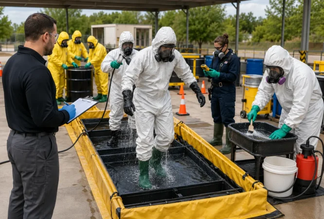 Workers participating in a 40-hour HAZWOPER initial training course with protective equipment