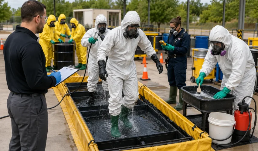 Workers participating in a 40-hour HAZWOPER initial training course with protective equipment