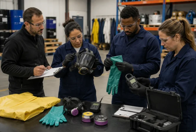 Workers completing an 8-hour HAZWOPER annual refresher course with hazardous materials safety equipment