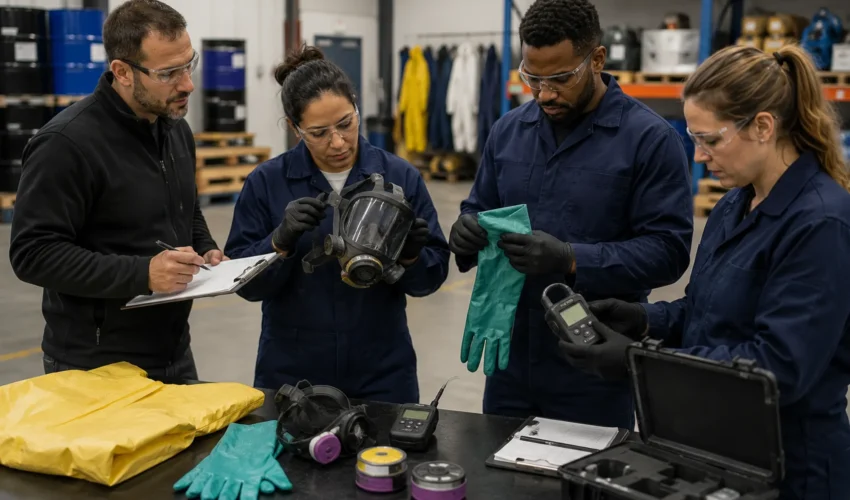 Workers completing an 8-hour HAZWOPER annual refresher course with hazardous materials safety equipment