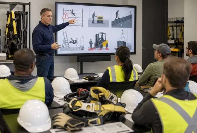 Construction workers attending an OSHA 10-Hour Construction safety with required personal protective equipment