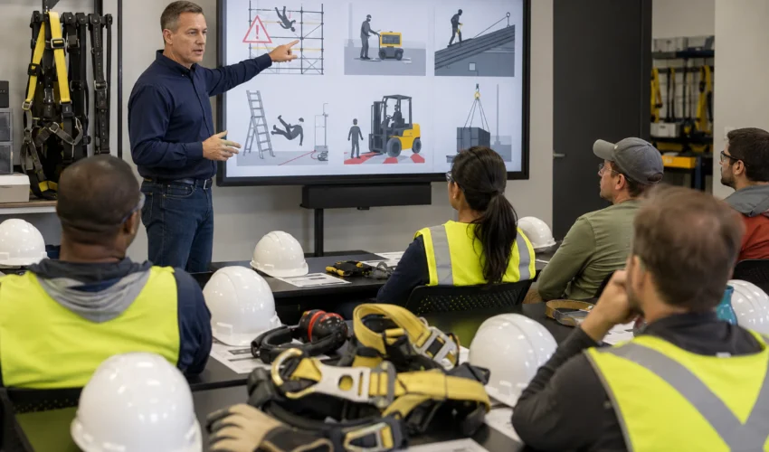 Construction workers attending an OSHA 10-Hour Construction safety with required personal protective equipment