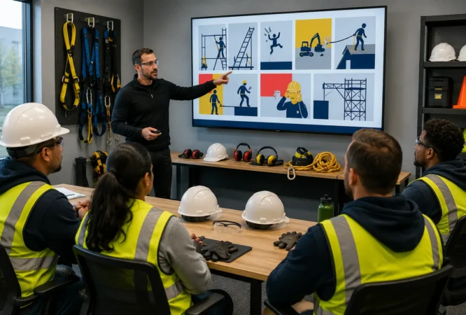 Construction workers attending an OSHA 30-Hour Construction safety course with required personal protective equipment