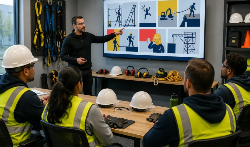 Construction workers attending an OSHA 30-Hour Construction safety course with required personal protective equipment