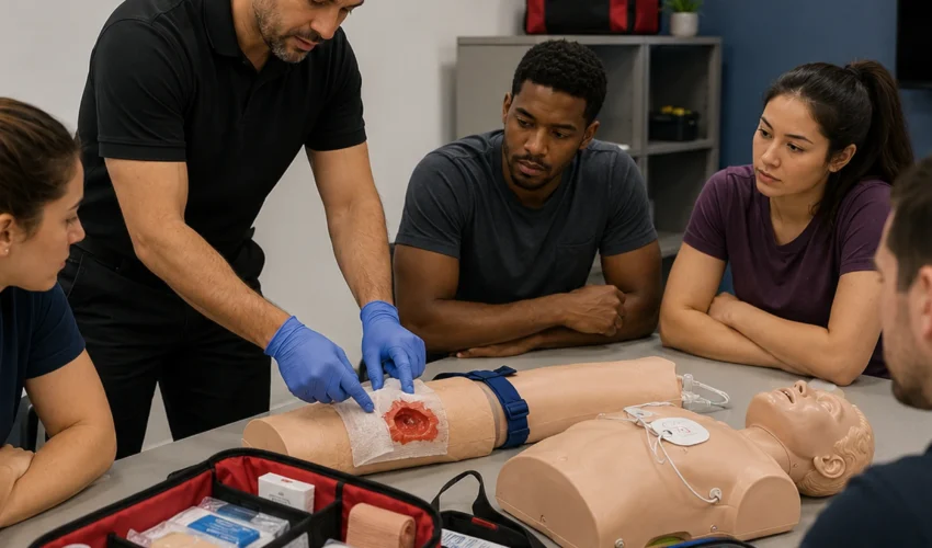 Students practicing tourniquet application and bleeding-control skills during a Stop the Bleed course