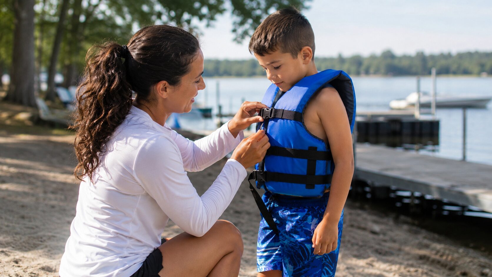 Adult adjusts a child's life jacket before water activity near a lakeside beach.