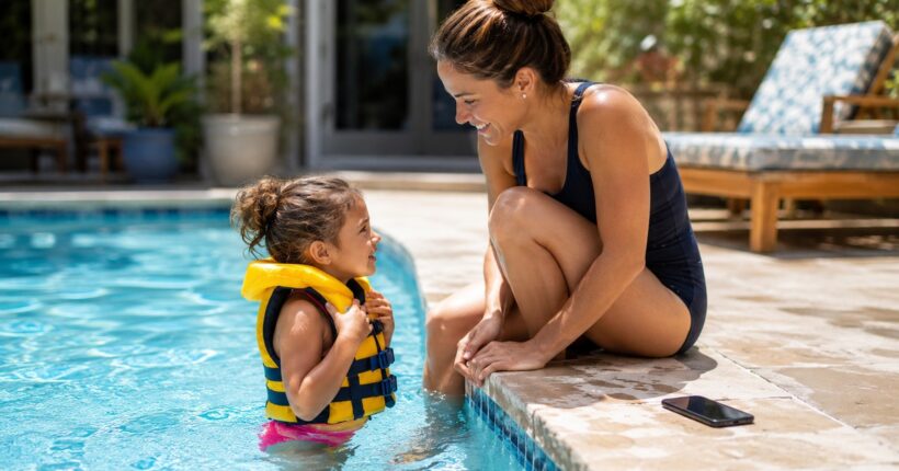 Parent actively supervises a young child in a life jacket at the edge of a swimming pool.