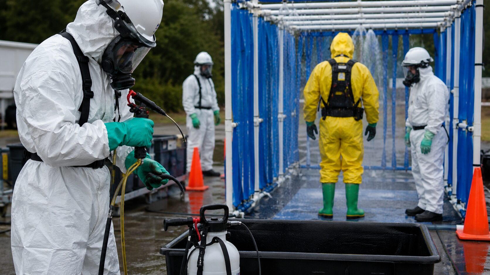 Hazmat team members in protective suits operate around a decontamination corridor during training.
