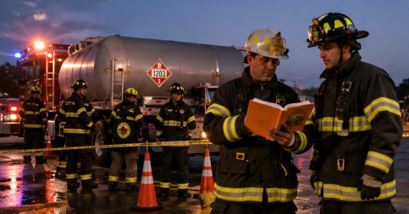 Firefighters in protective gear maintain a defensive position at a hazardous materials scene.