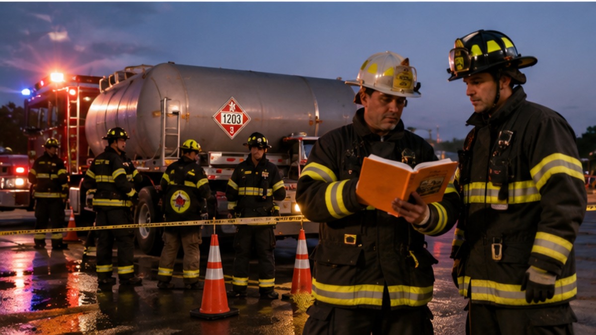 Firefighters in protective gear maintain a defensive position at a hazardous materials scene.