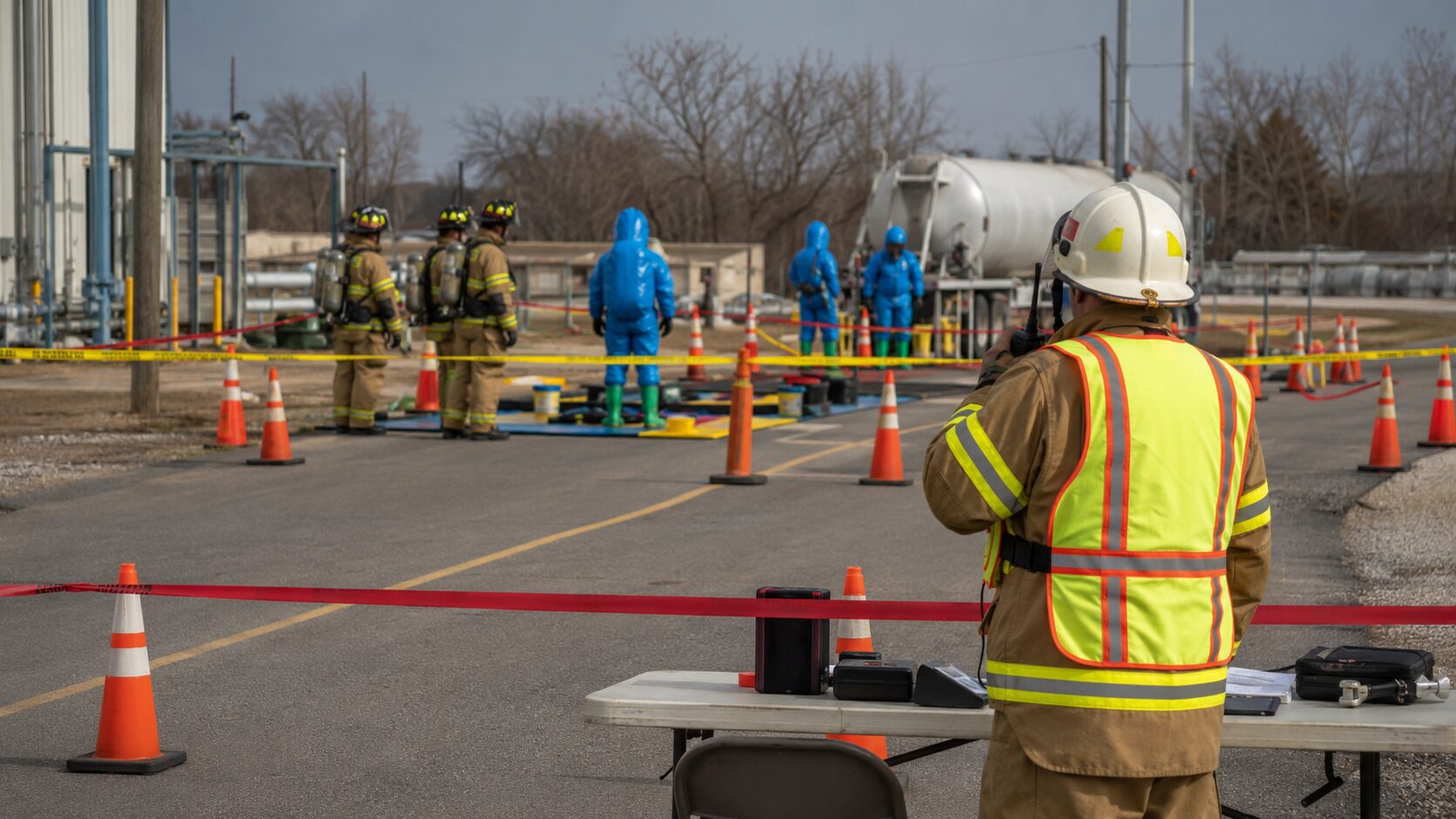 Emergency personnel manage a hazardous materials perimeter while responders operate inside a controlled zone.