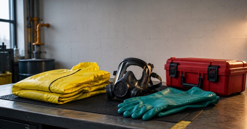 HAZWOPER training equipment and protective gear prepared for a hazardous materials safety class