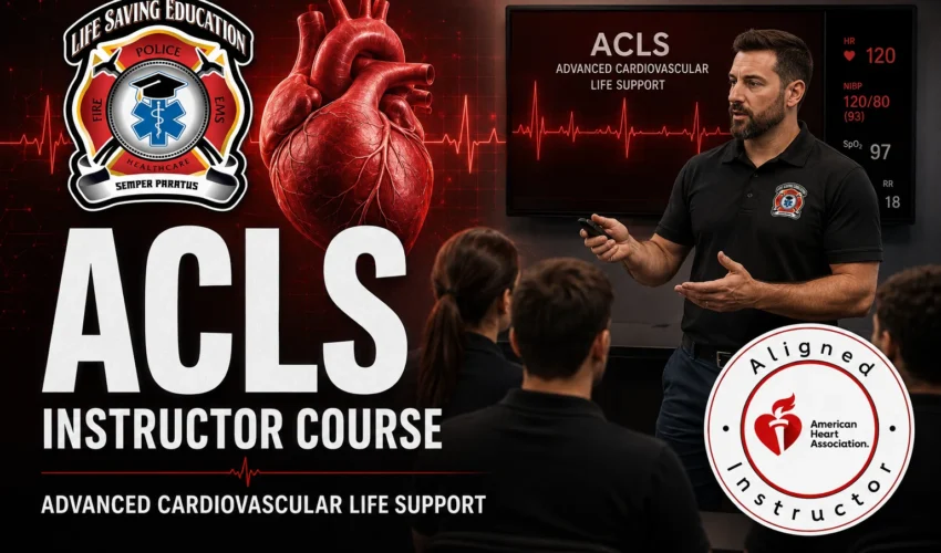 Healthcare professional completing an AHA ACLS Instructor Course with advanced cardiac life support teaching materials