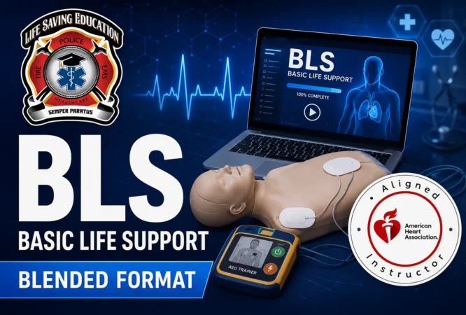 Healthcare professional completing AHA BLS blended learning with online coursework and hands-on CPR skills practice