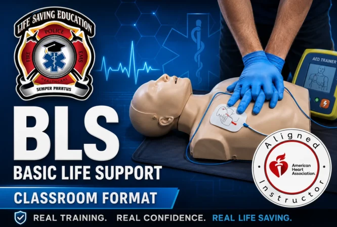 Healthcare professionals participating in an AHA BLS classroom course with CPR manikins and AED trainers