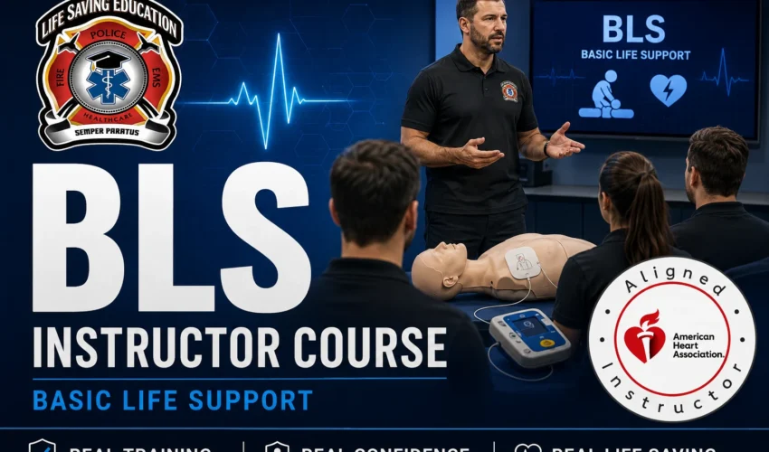 Healthcare professional completing an AHA BLS Instructor Course with CPR manikins and instructor teaching materials