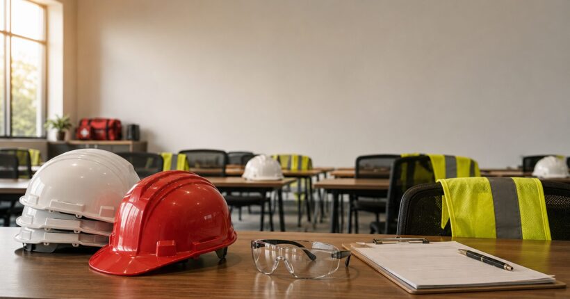 Construction workers seated in an OSHA 10 classroom with hard hats and safety equipment ready for training