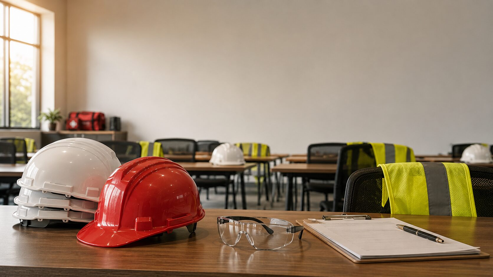 Construction workers seated in an OSHA 10 classroom with hard hats and safety equipment ready for training
