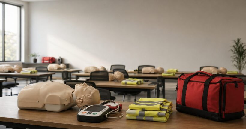 Adult learners in a professional Life Saving Education training classroom preparing for hands-on instruction
