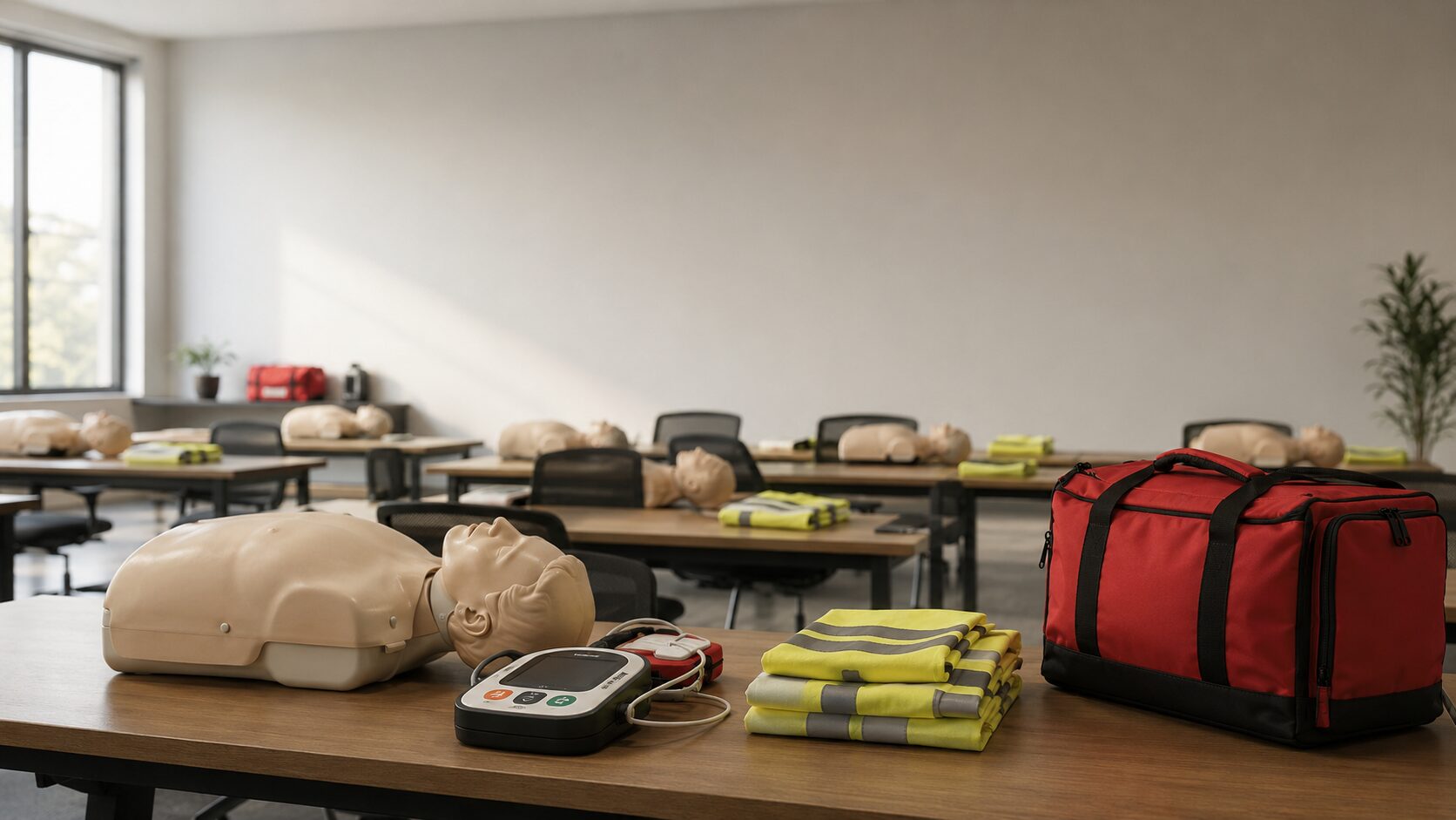 Adult learners in a professional Life Saving Education training classroom preparing for hands-on instruction