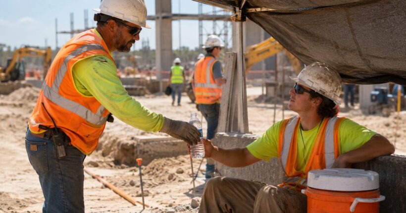 Supervisor gives water to a worker resting in shade on a hot construction site.
