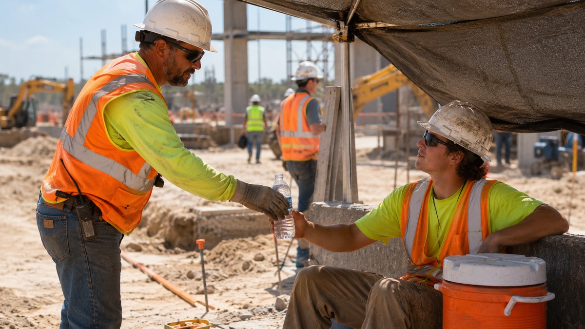 Supervisor gives water to a worker resting in shade on a hot construction site.