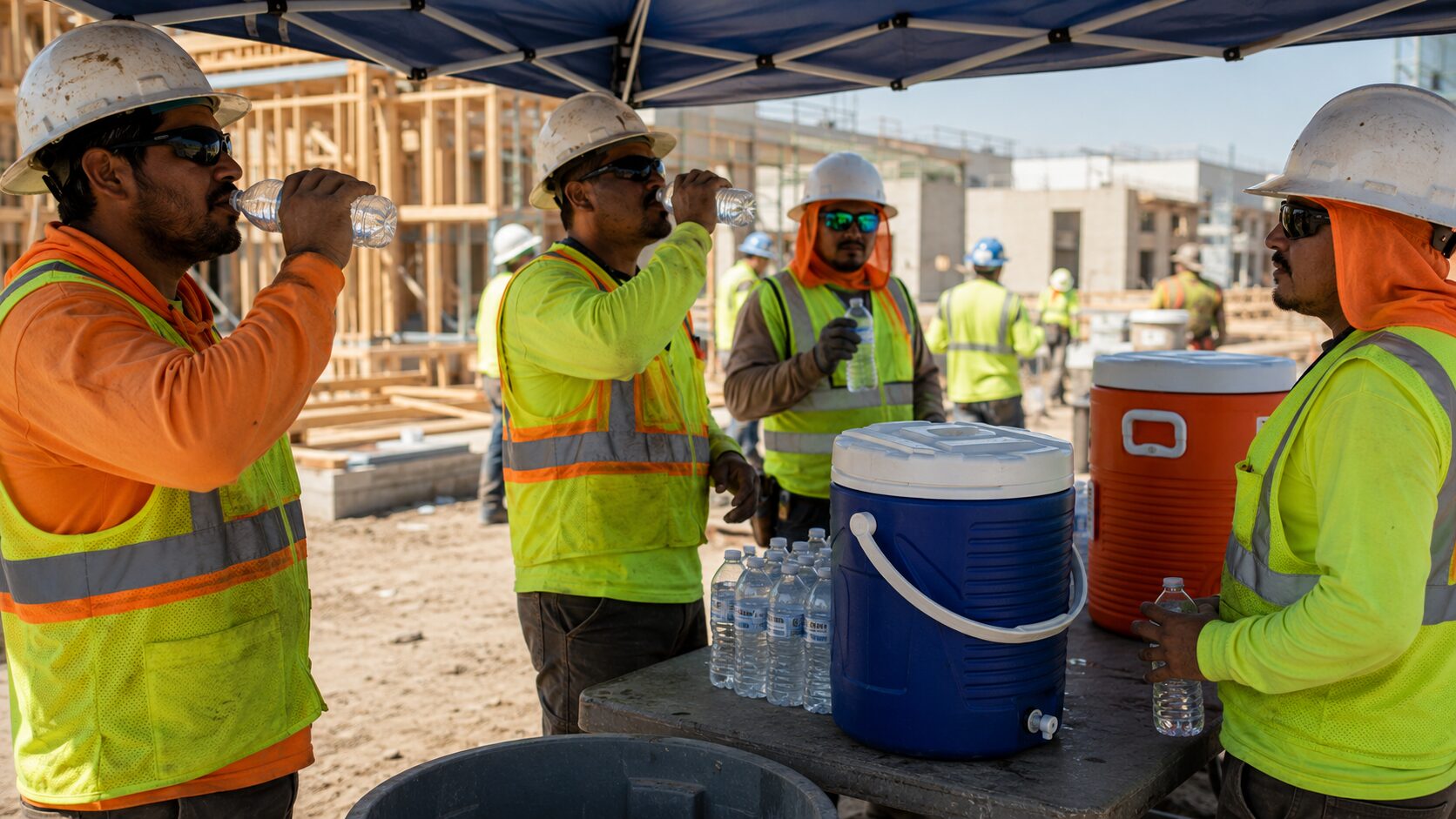 Construction workers take a hydration break under shade at a water station on a hot day.