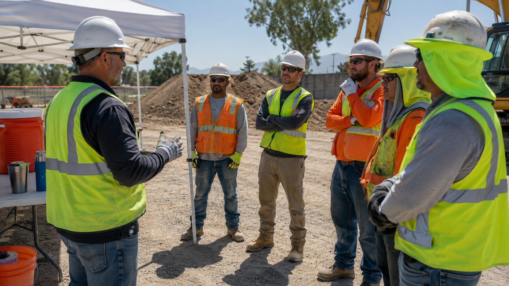Construction supervisor gives a pre-shift heat safety briefing to workers wearing PPE on a jobsite.
