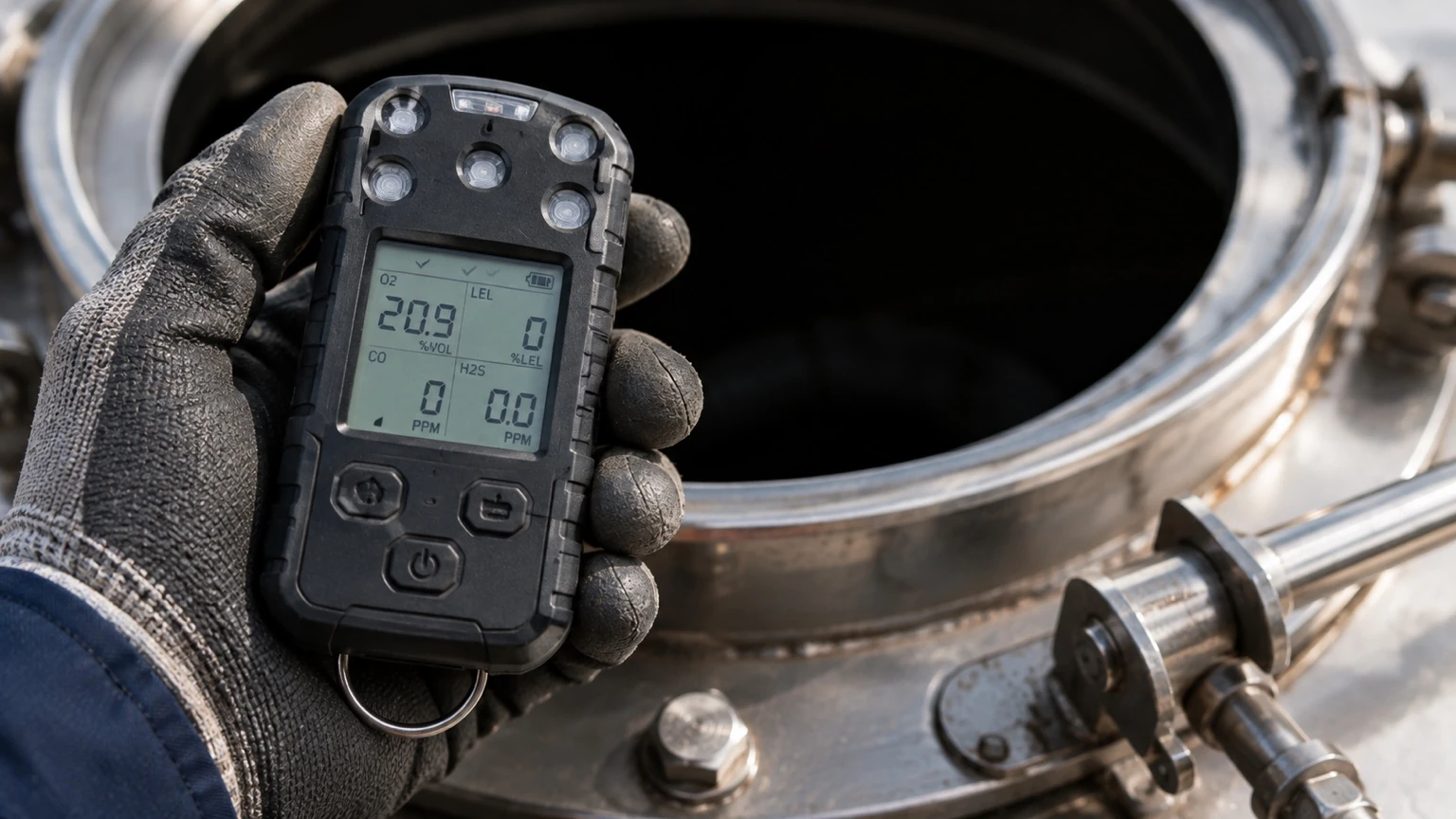 Close-up of a four-gas monitor displaying oxygen, combustible gas, carbon monoxide, and hydrogen sulfide readings at a confined space opening.