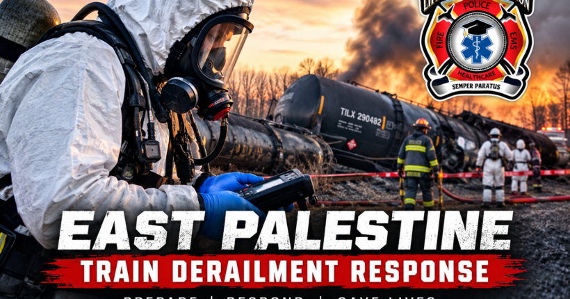 HazMat responders assessing derailed rail tank cars during an East Palestine train derailment training scenario