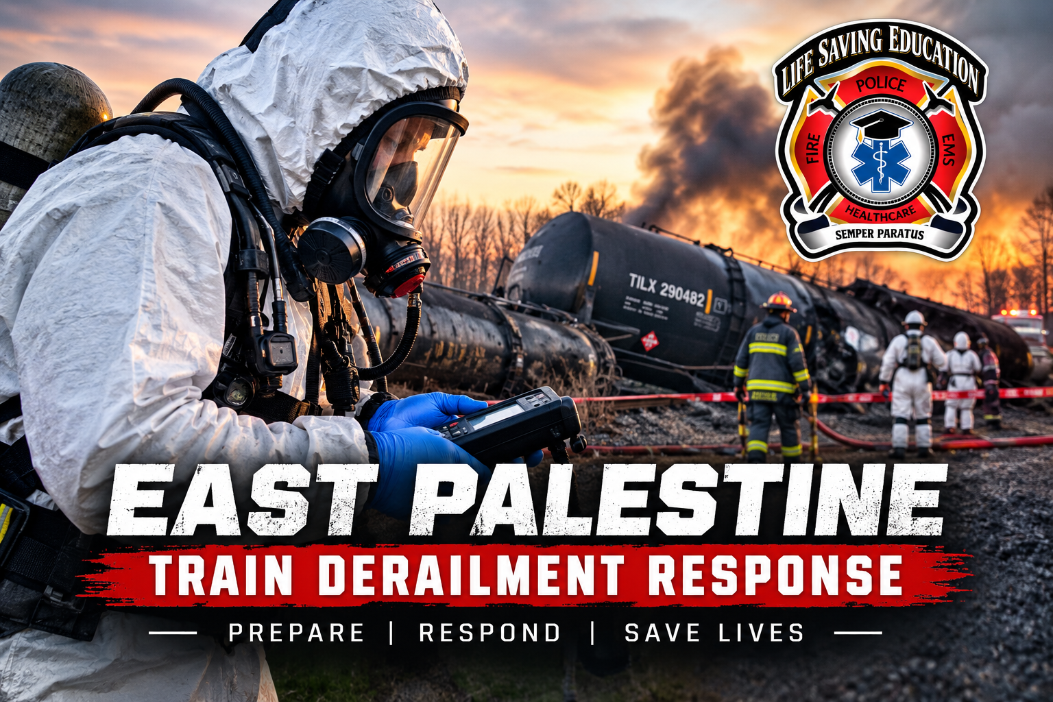 HazMat responders assessing derailed rail tank cars during an East Palestine train derailment training scenario