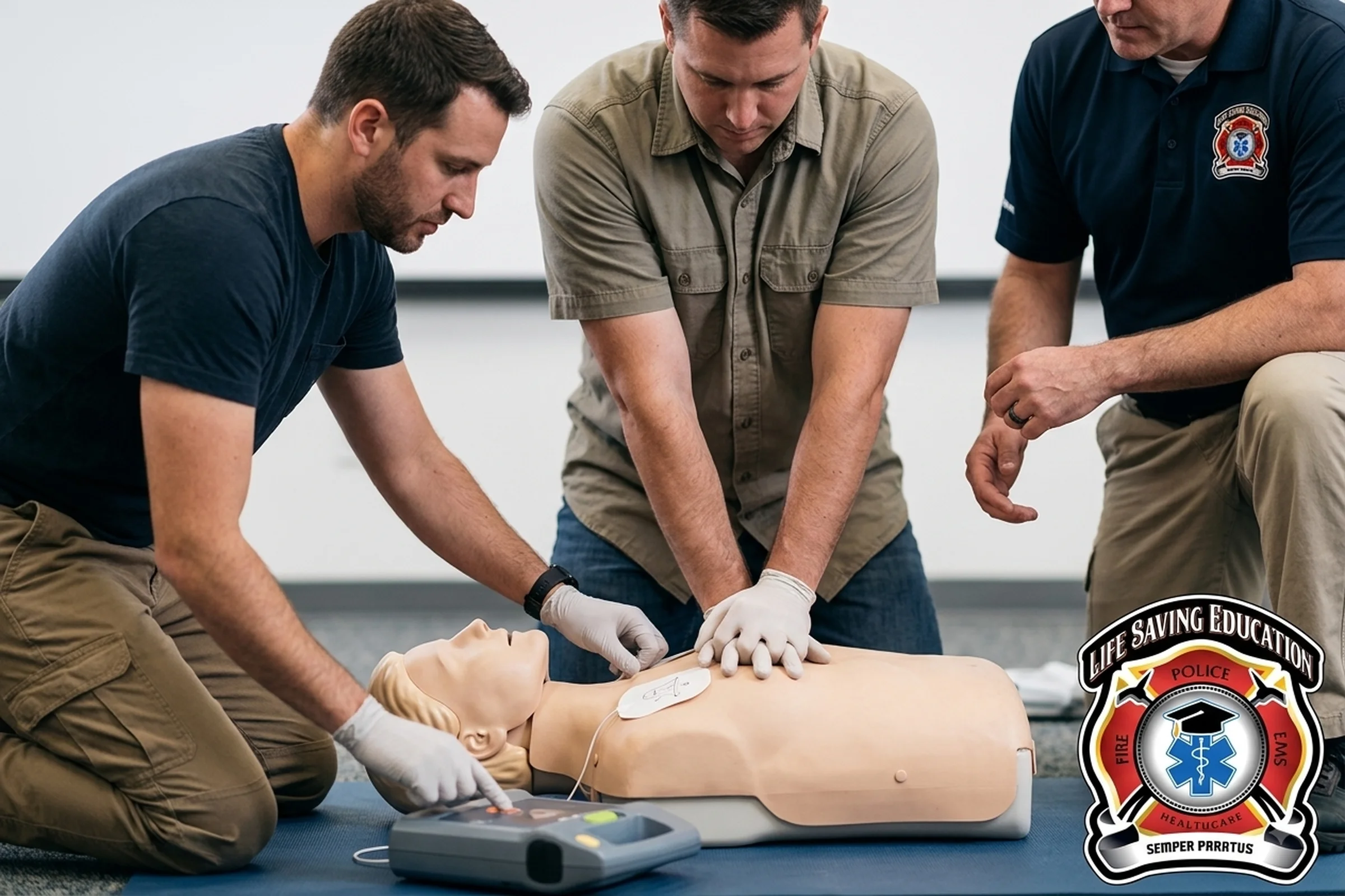 Learners practicing CPR and automated external defibrillator use during hands-on CPR and AED training.
